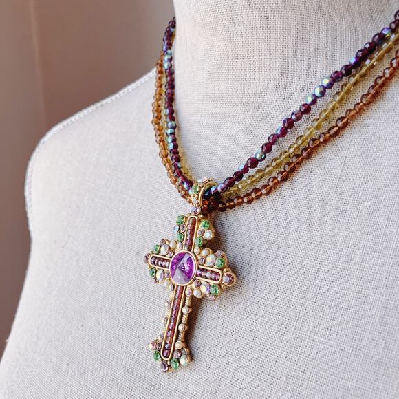 Colorful Glass Rhinestone Cross Christian Pendant Beaded Necklace Choker 16"-19" - Picture 4 of 12